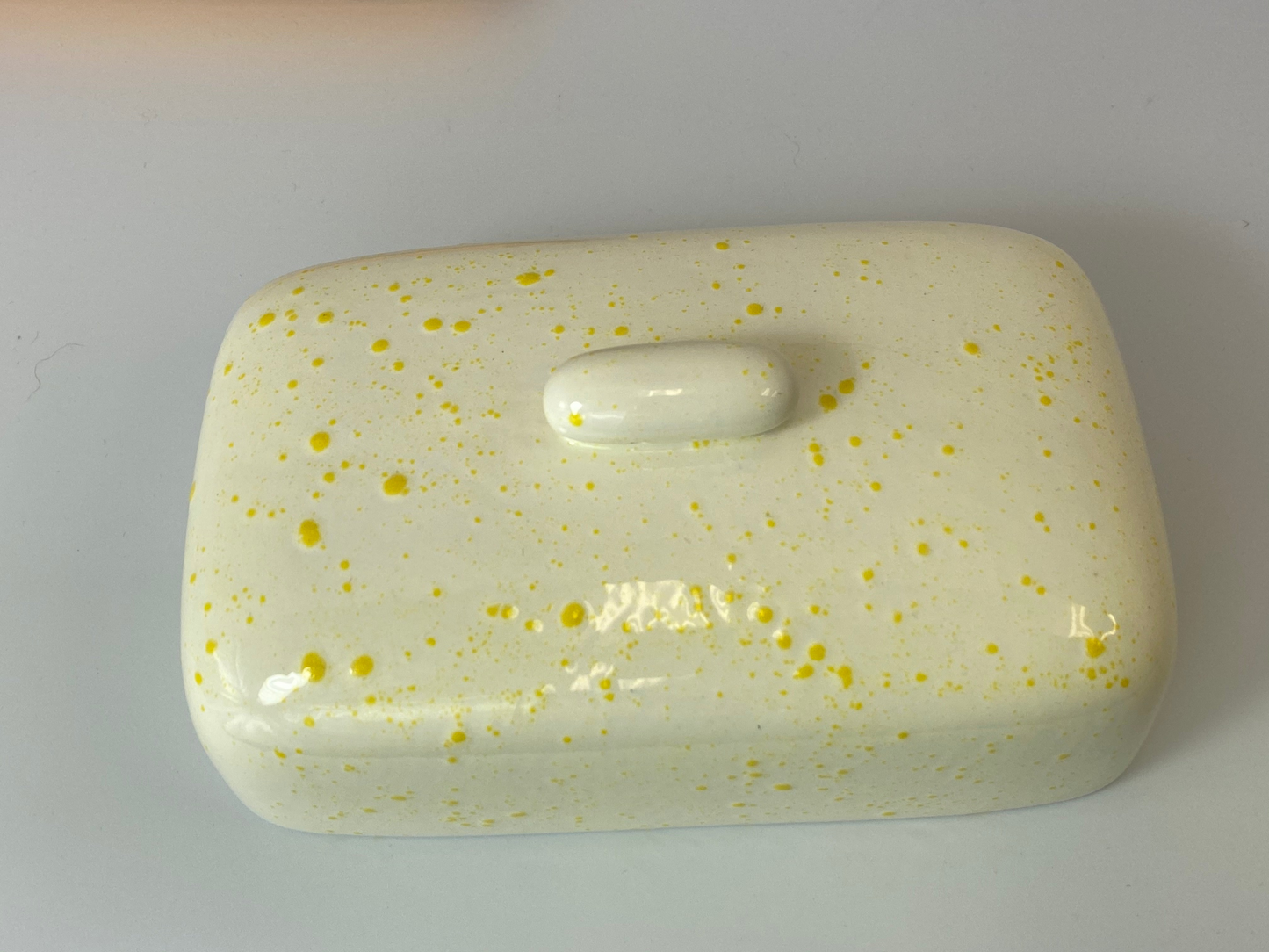 Butter Dish with White Lid Yellow Spots