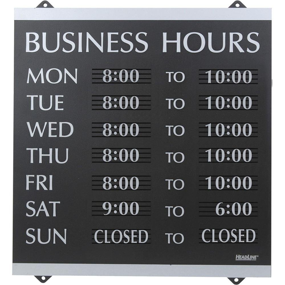 Headline Signs Business Hours Sign - 1 Each - Business Hours Print/Message - 14" Width13" Depth - Heavy Duty, Durable - Plastic - Black, Gray