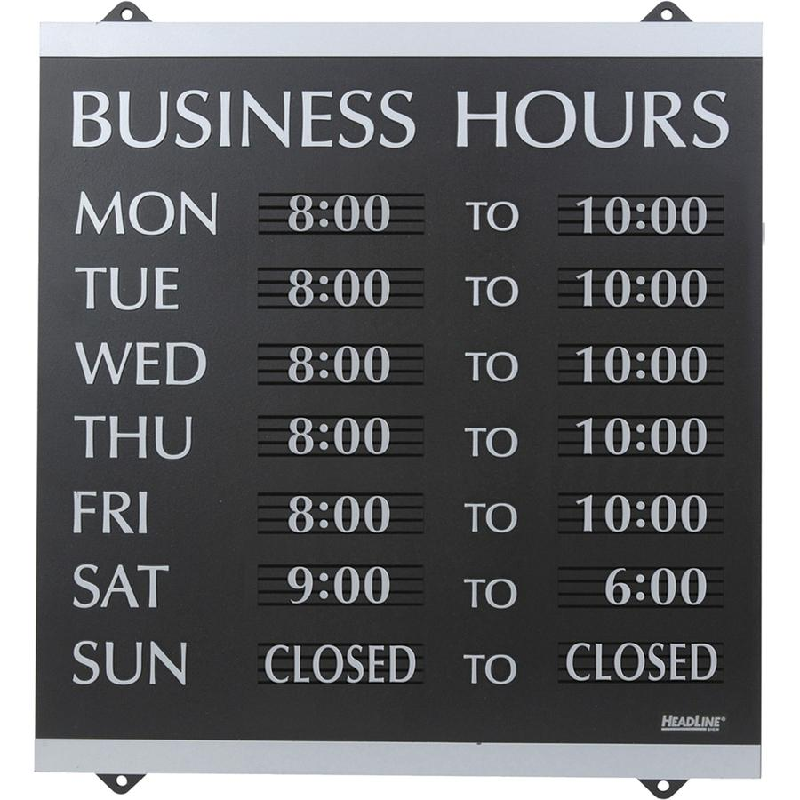 Headline Signs Business Hours Sign - 1 Each - Business Hours Print/Message - 14" Width13" Depth - Heavy Duty, Durable - Plastic - Black, Gray