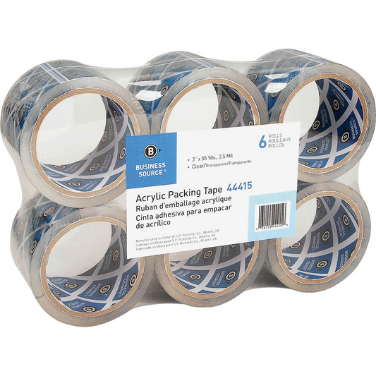 Business Source Acrylic Packing Tape - 55 yd Length x 3" Width - 2.5 mil Thickness - 3" Core - Pressure-sensitive Poly - Acrylic Backing - For Mailing, Shipping, Storing - 6 / Pack - Clear