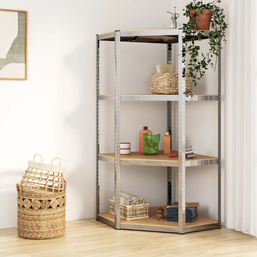 vidaXL 4-Layer Corner Shelf Silver Steel&Engineered Wood