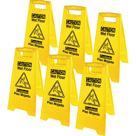 Genuine Joe Universal Graphic Wet Floor Sign - 6 / Carton - English, Spanish - Wet Floor Print/Message - Foldable - Yellow