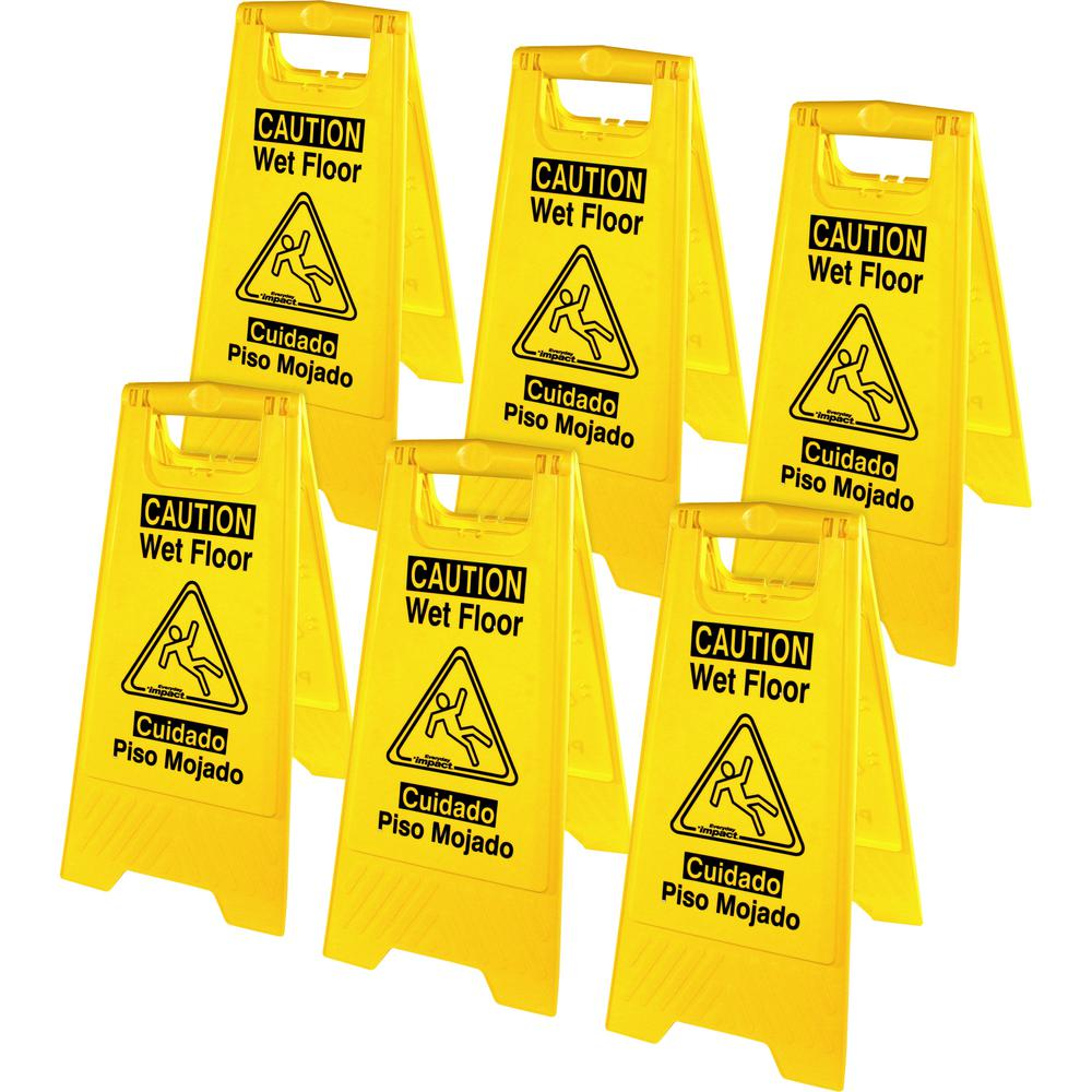 Genuine Joe Universal Graphic Wet Floor Sign - 6 / Carton - English, Spanish - Wet Floor Print/Message - Foldable - Yellow