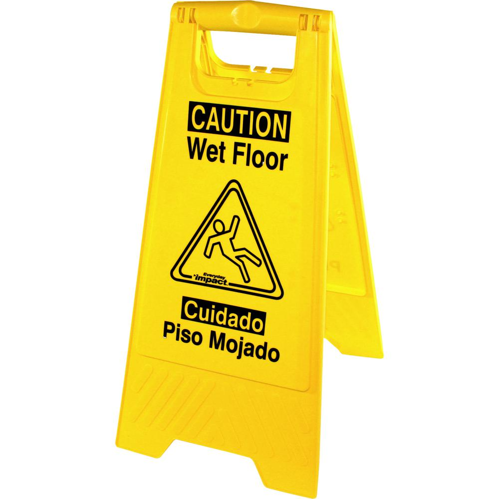 Genuine Joe Universal Graphic Wet Floor Sign - 6 / Carton - English, Spanish - Wet Floor Print/Message - Foldable - Yellow