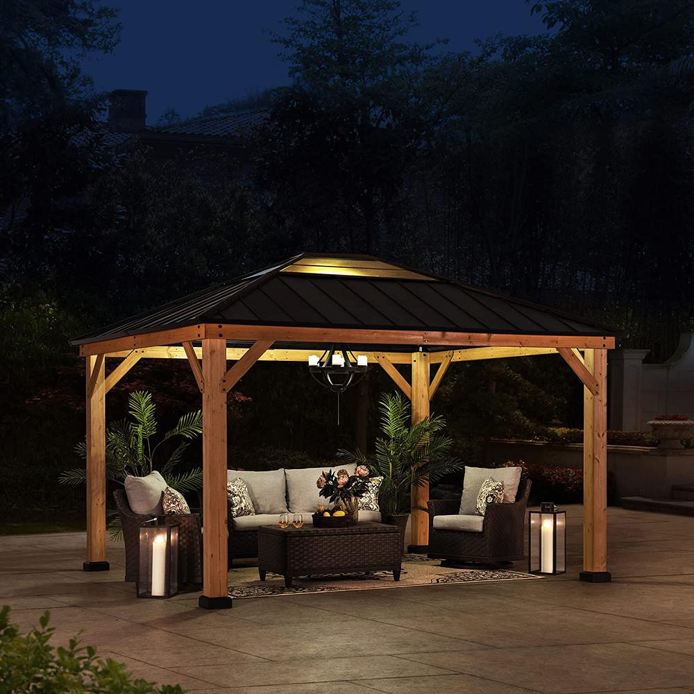 Sunjoy 11 ft. x 13 ft. Cedar Framed Gazebo with Black Steel and Polycarbonate Hip Roof Hard Top