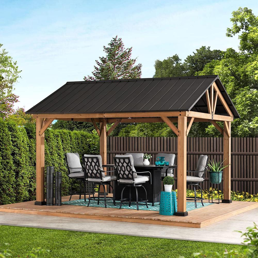 Sunjoy 11 ft. x 13 ft. Cedar Framed Gazebo with Matte-Black Steel Gable Hardtop Roof