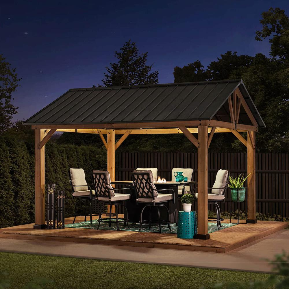 Sunjoy 11 ft. x 13 ft. Cedar Framed Gazebo with Matte-Black Steel Gable Hardtop Roof