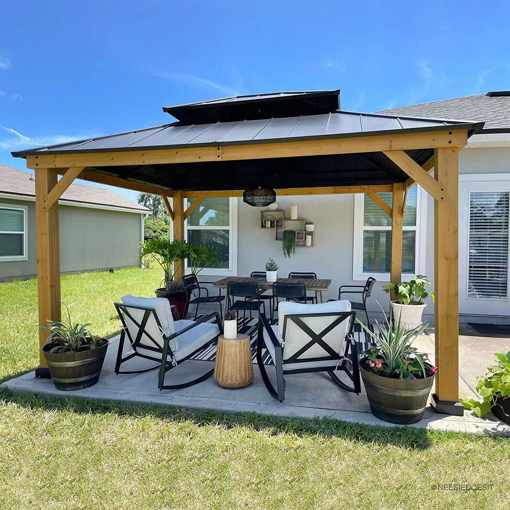 Outdoor Patio Cedar Framed Gazebo with Double Steel Hardtop Roof for Garden