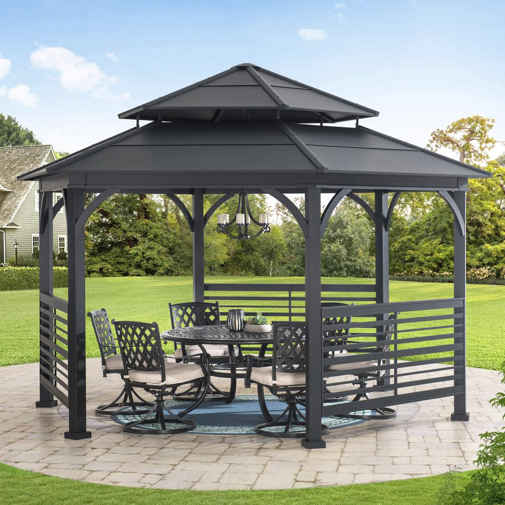 Sunjoy 15 x 15 ft. Outdoor Hardtop Hexagon Double Tiered Metal Gazebo