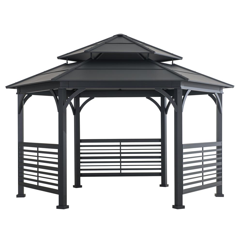 Sunjoy 15 x 15 ft. Outdoor Hardtop Hexagon Double Tiered Metal Gazebo