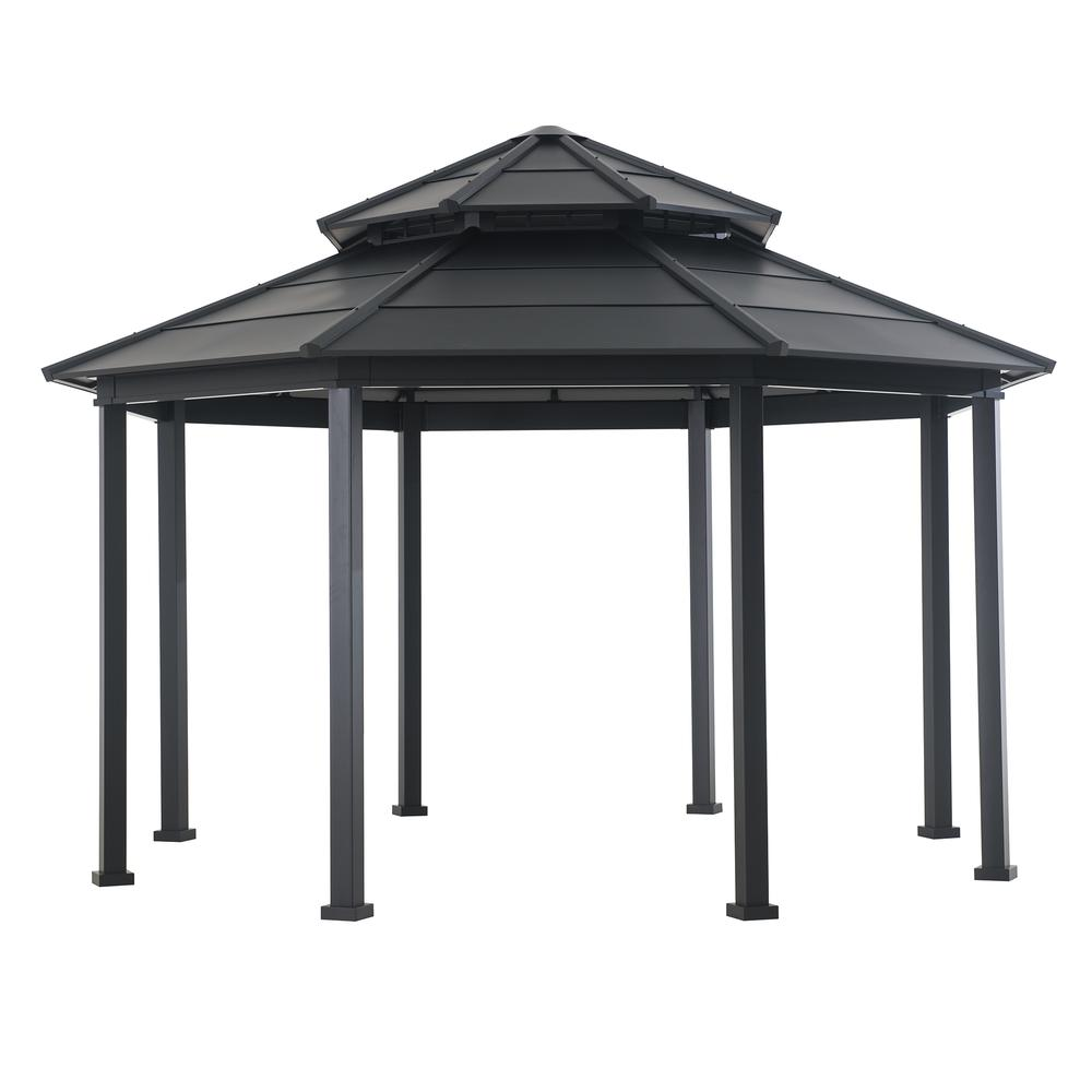 Sunjoy 15 x 15 ft. Outdoor Hardtop Octagon Double Tiered Metal Gazebo