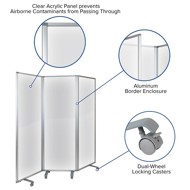 Acrylic Mobile Partition with Lockable Casters, 72"H x 24"L