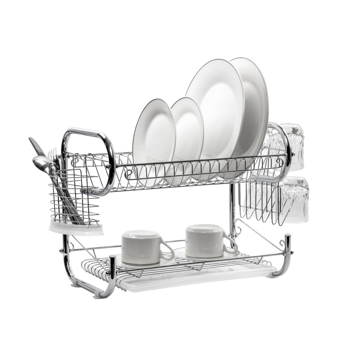 Fresh Stainless Steel Chrome 2-Tier Dish Rack with Utensil Holder & Cutting Board Holder