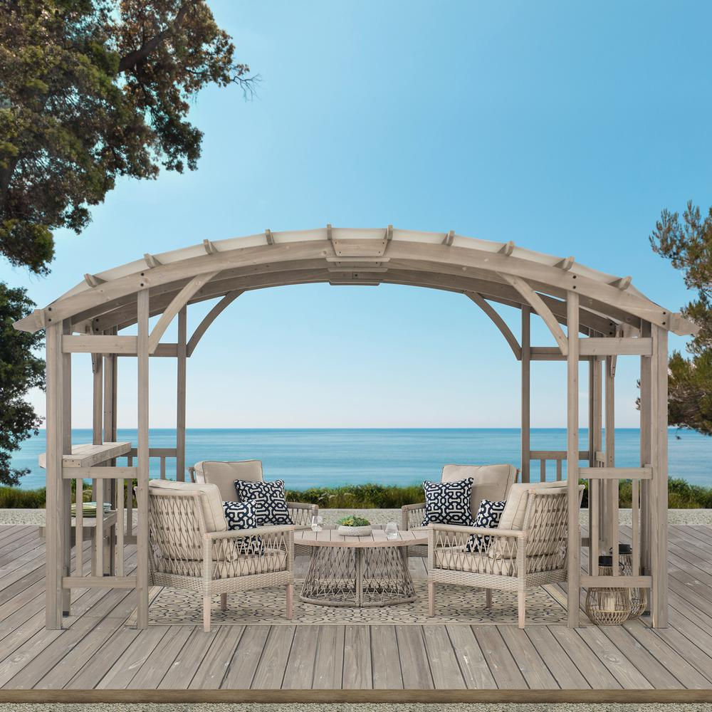 Outdoor Cedar Wood Framed Arched Pergola with weather-resistant canopy for Patio