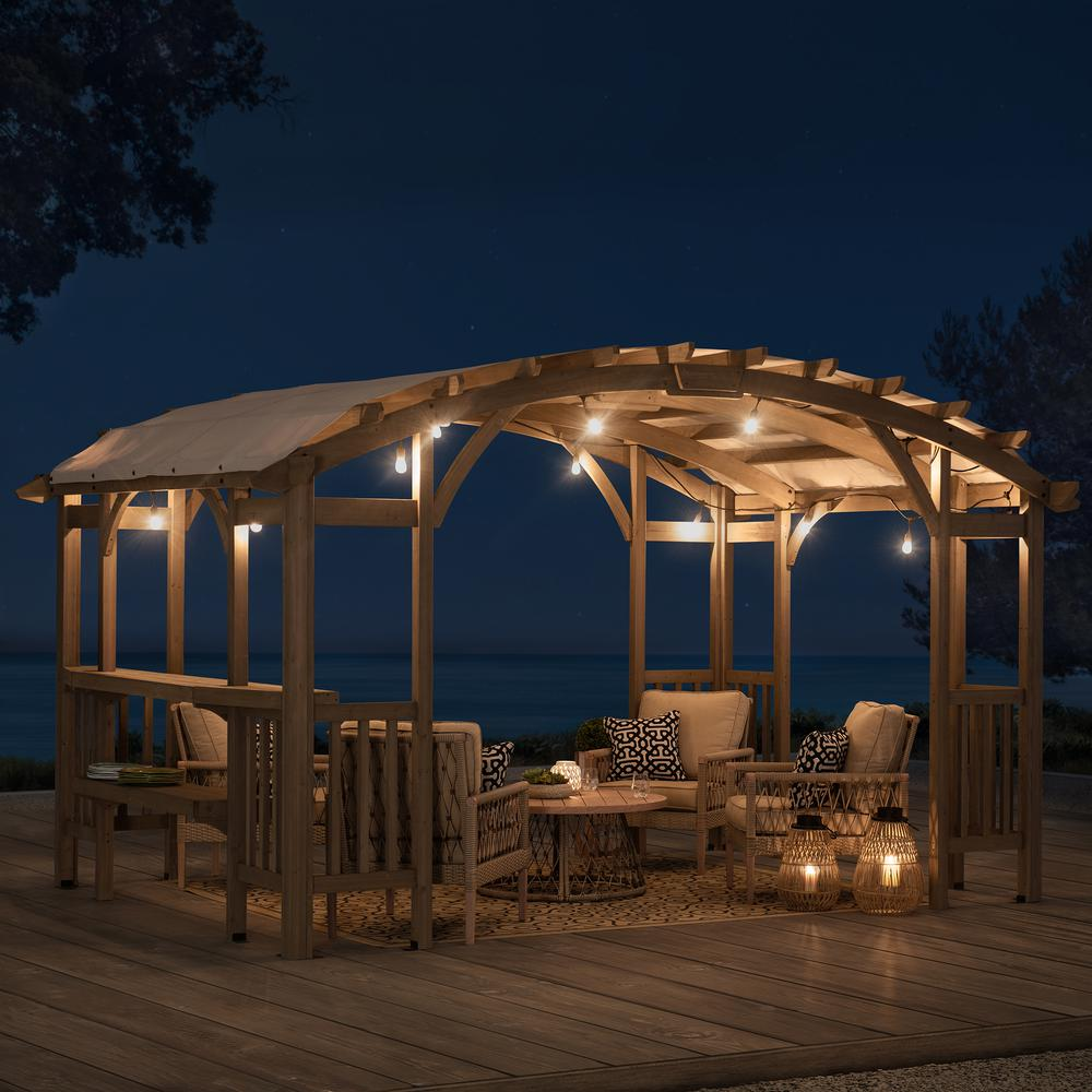 Outdoor Cedar Wood Framed Arched Pergola with weather-resistant canopy for Patio