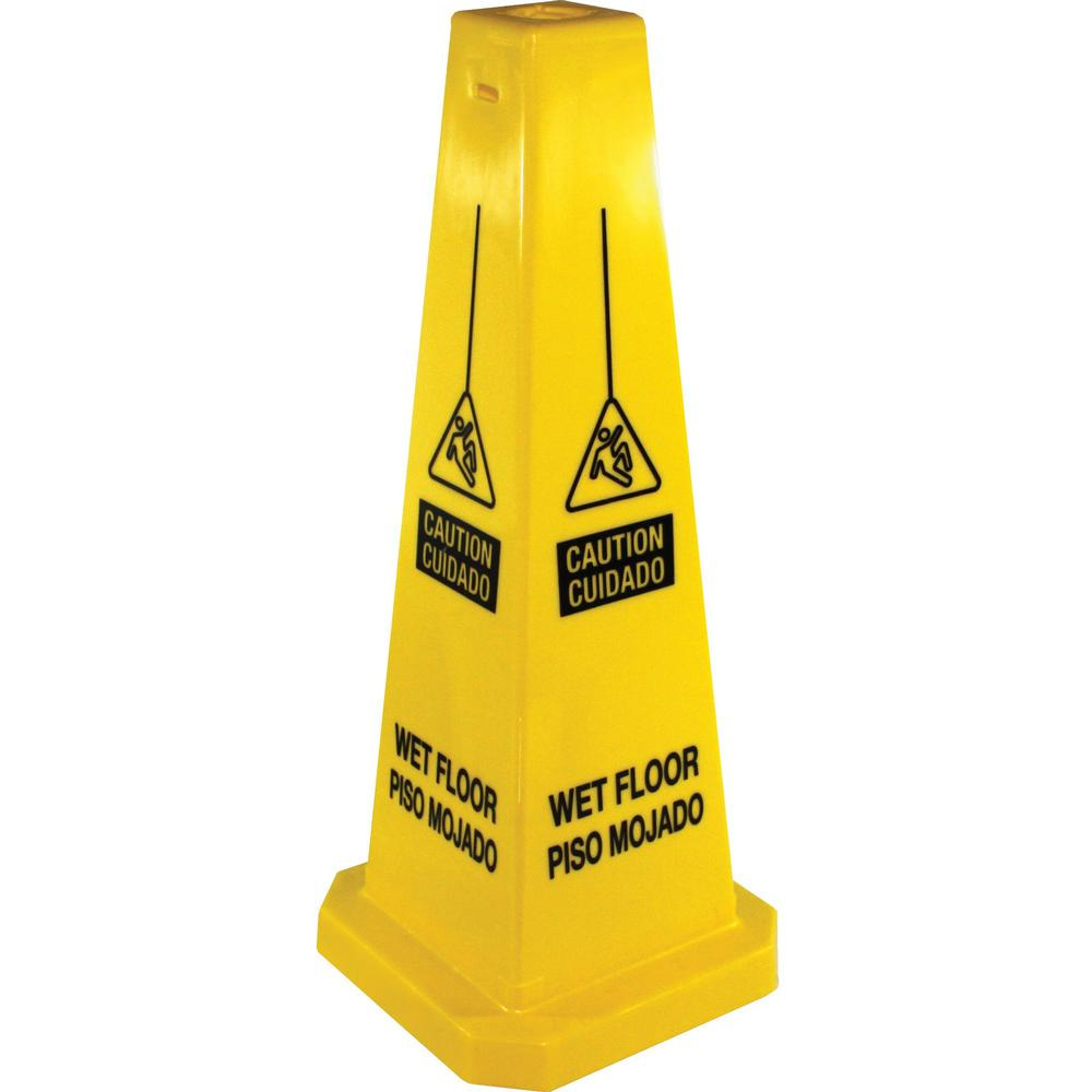 Genuine Joe Bright 4-sided Caution Safety Cone - 1 Each - English, Spanish - 10" Width x 24" Height x 10" Depth - Cone Shape - Stackable - Industrial - Polypropylene - Yellow