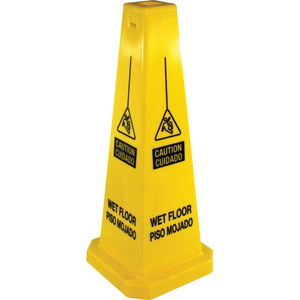 Genuine Joe Bright 4-sided Caution Safety Cone - 1 Each - English, Spanish - 10" Width x 24" Height x 10" Depth - Cone Shape - Stackable - Industrial - Polypropylene - Yellow