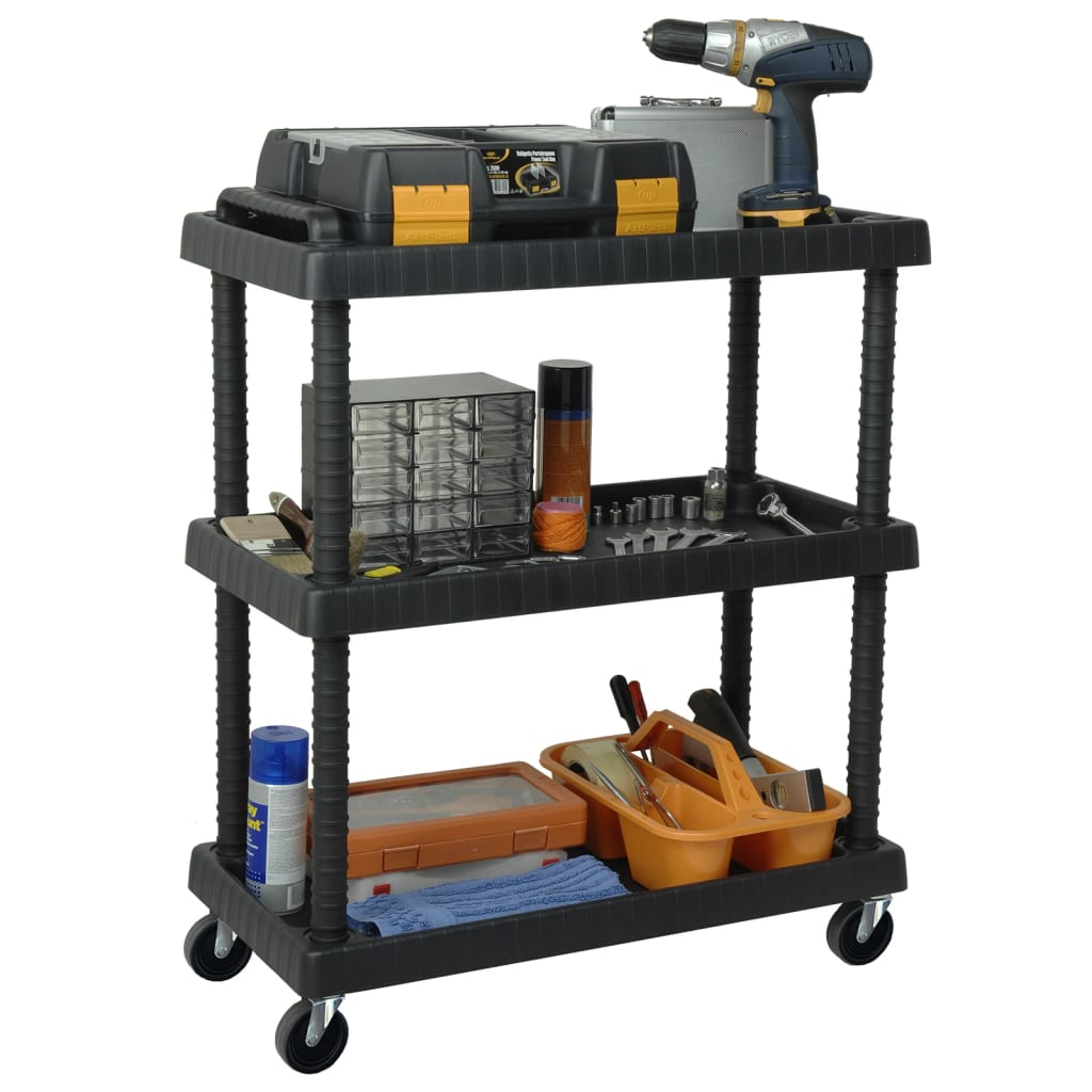 vidaXL 3-Tier Workshop Tool Trolley Black 29.5"x14.8"x36.2" PP