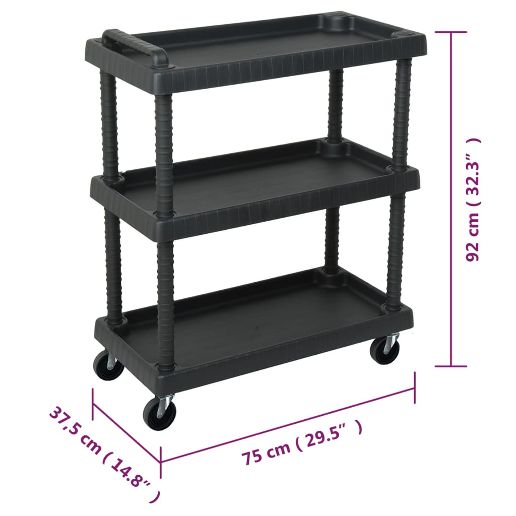 vidaXL 3-Tier Workshop Tool Trolley Black 29.5"x14.8"x36.2" PP