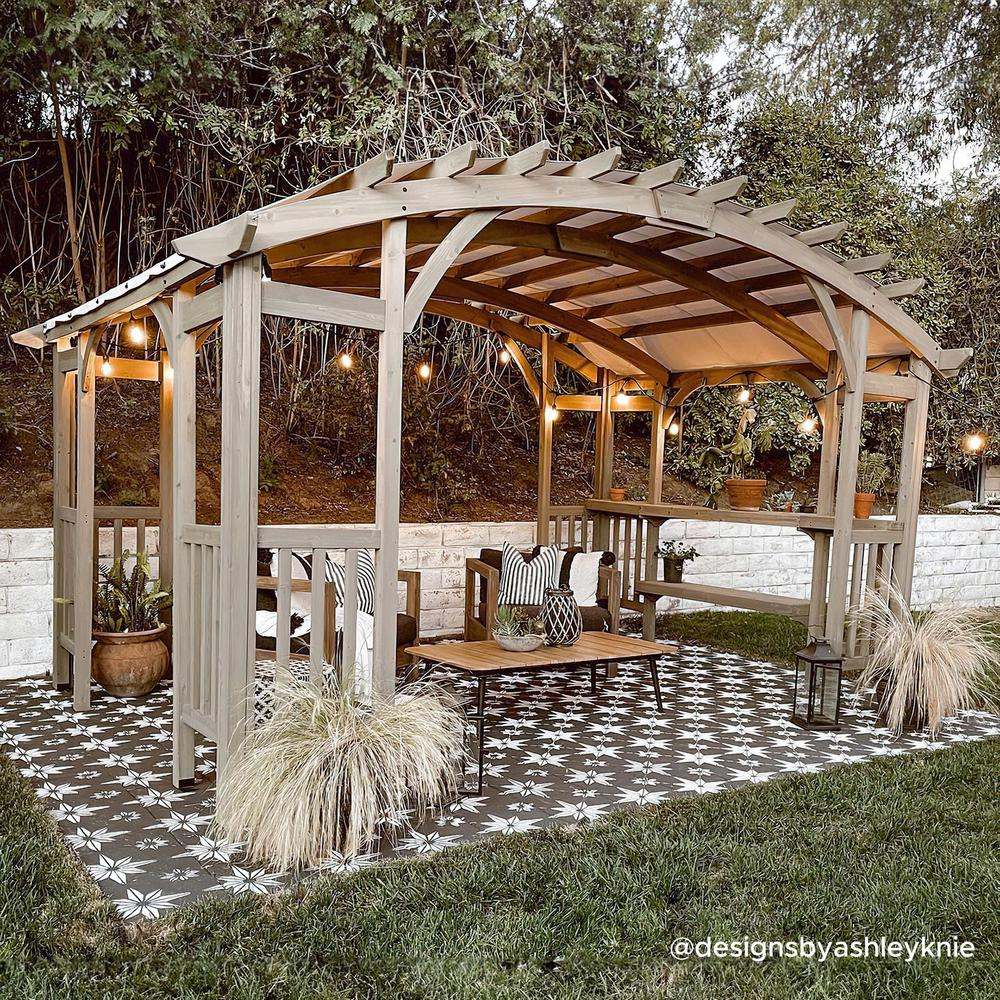 Outdoor Cedar Wood Framed Arched Pergola with weather-resistant canopy for Patio