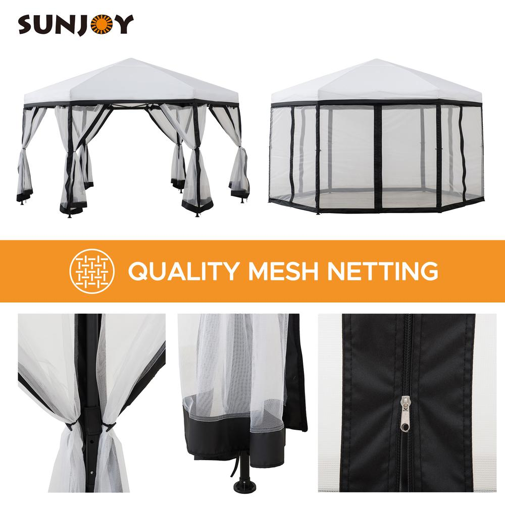 Sunjoy 11 ft. x 11 ft. White and Black 2-tone Pop Up Portable Hexagon Steel Gazebo