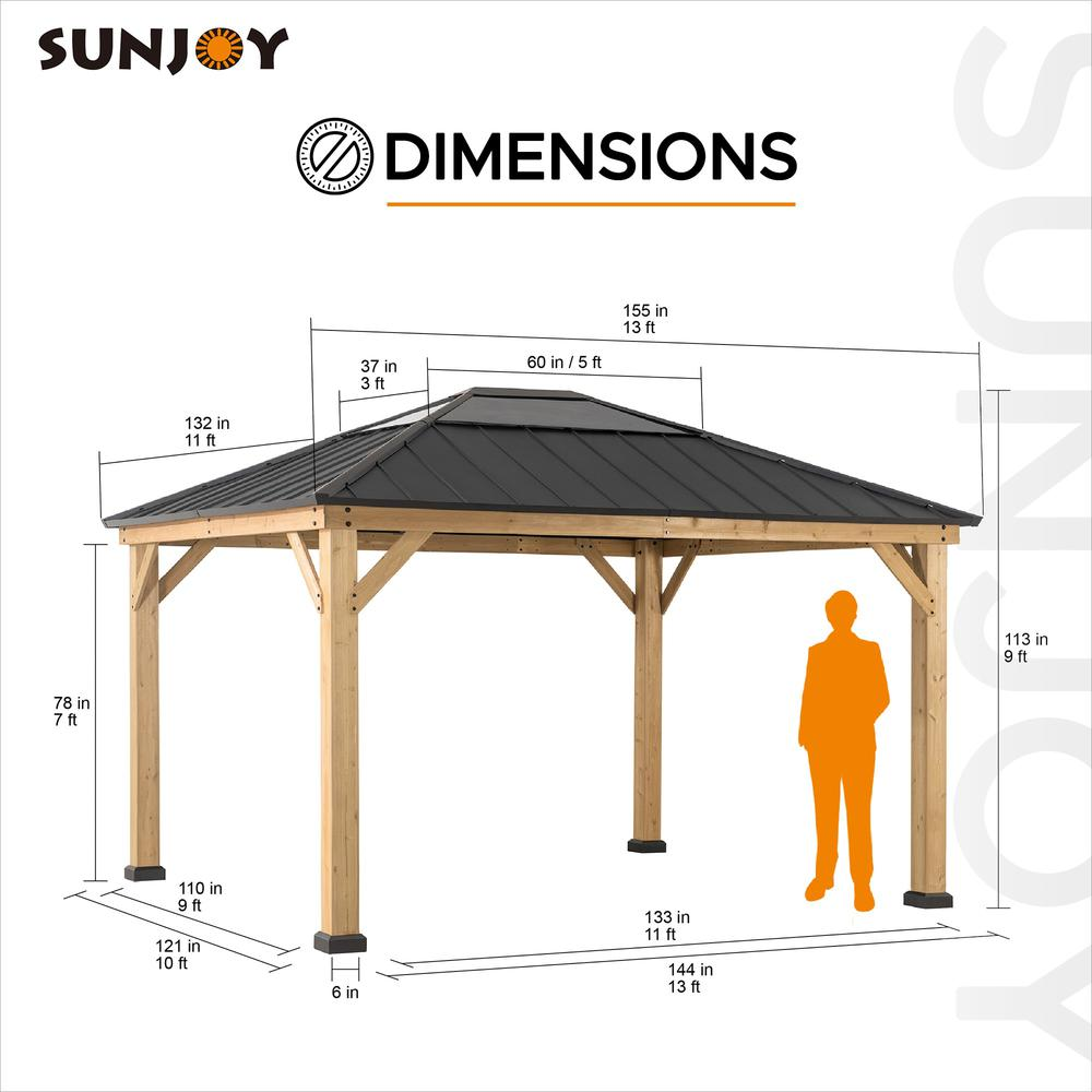 Sunjoy 11 ft. x 13 ft. Cedar Framed Gazebo with Black Steel and Polycarbonate Hip Roof Hard Top