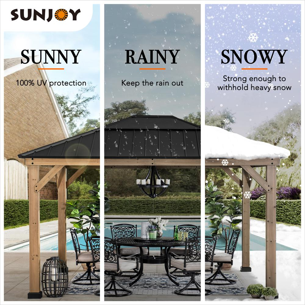 Sunjoy 11 ft. x 13 ft. Cedar Framed Gazebo with Black Steel and Polycarbonate Hip Roof Hard Top