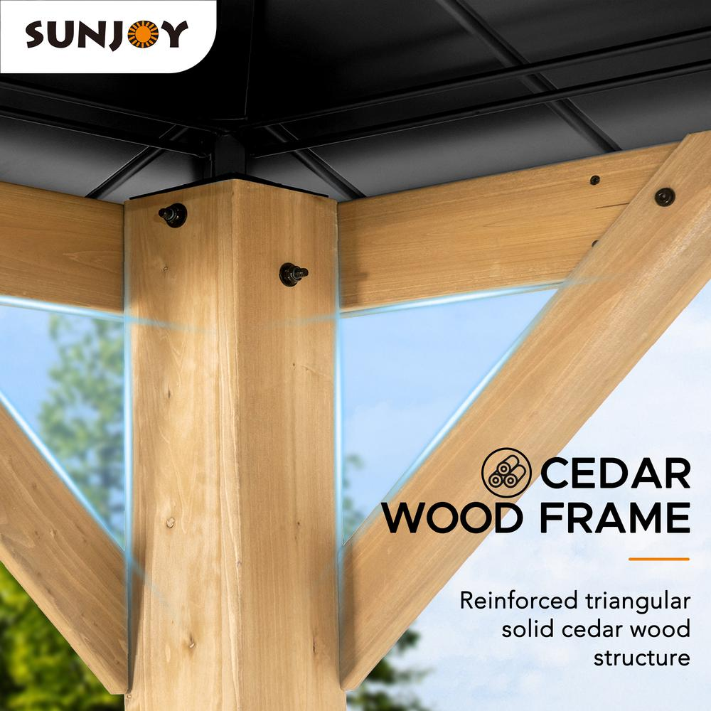 Sunjoy 11 ft. x 13 ft. Cedar Framed Gazebo with Black Steel and Polycarbonate Hip Roof Hard Top