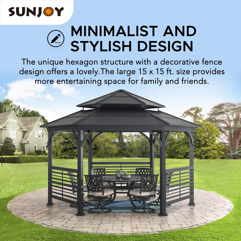 Sunjoy 15 x 15 ft. Outdoor Hardtop Hexagon Double Tiered Metal Gazebo