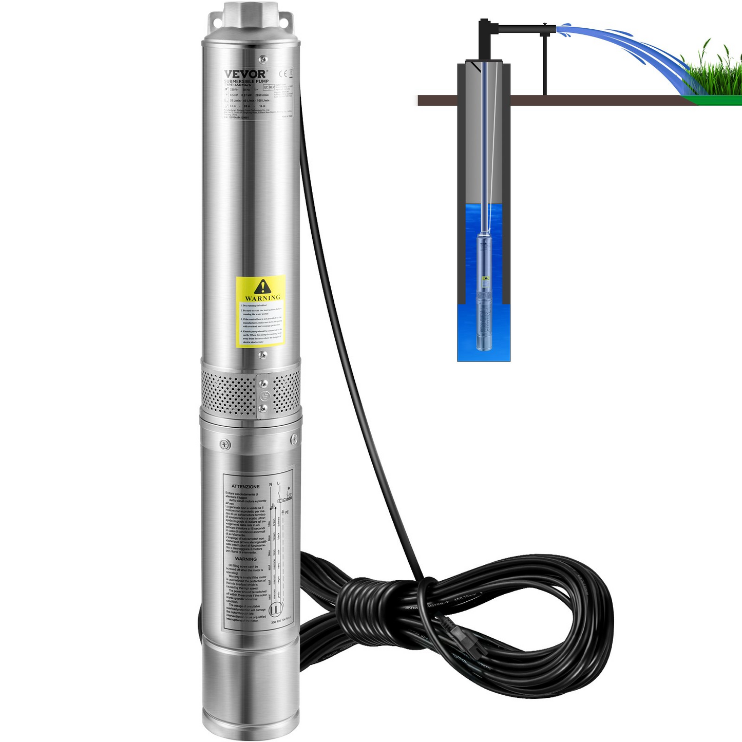 VEVOR Deep Well Submersible Pump, 1HP 115V/60Hz, 37gpm Flow 207ft Head, with 33ft Electric Cord, 4" Stainless Steel Water Pump for Industrial, Irrigation&Home Use, IP68 Waterproof Grade