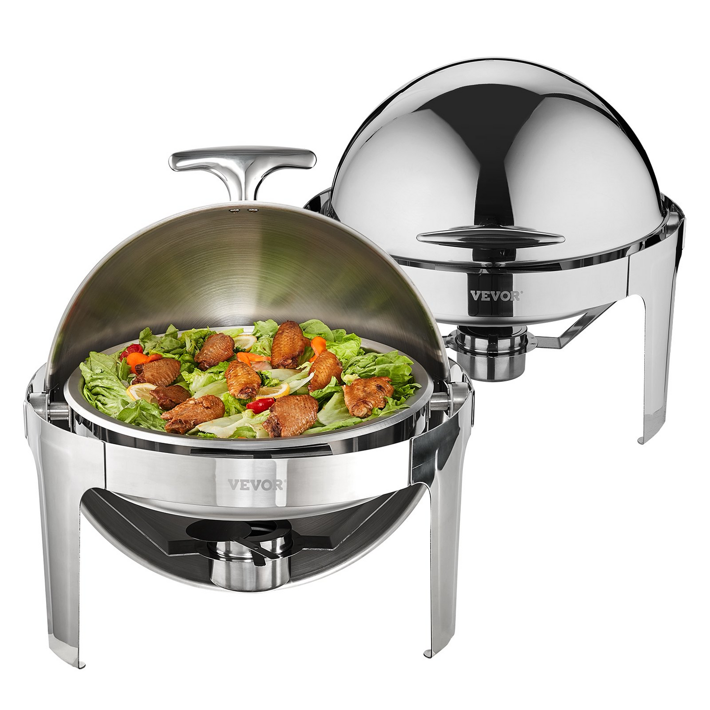 VEVOR Roll Top Chafing Dish Buffet Set, 6 Qt 2 Pack, Stainless Steel Chafer with 2 Full Size Pans, Round Catering Warmer Server with Lid Water Pan Stand Fuel Holder, for at Least 5 People Each