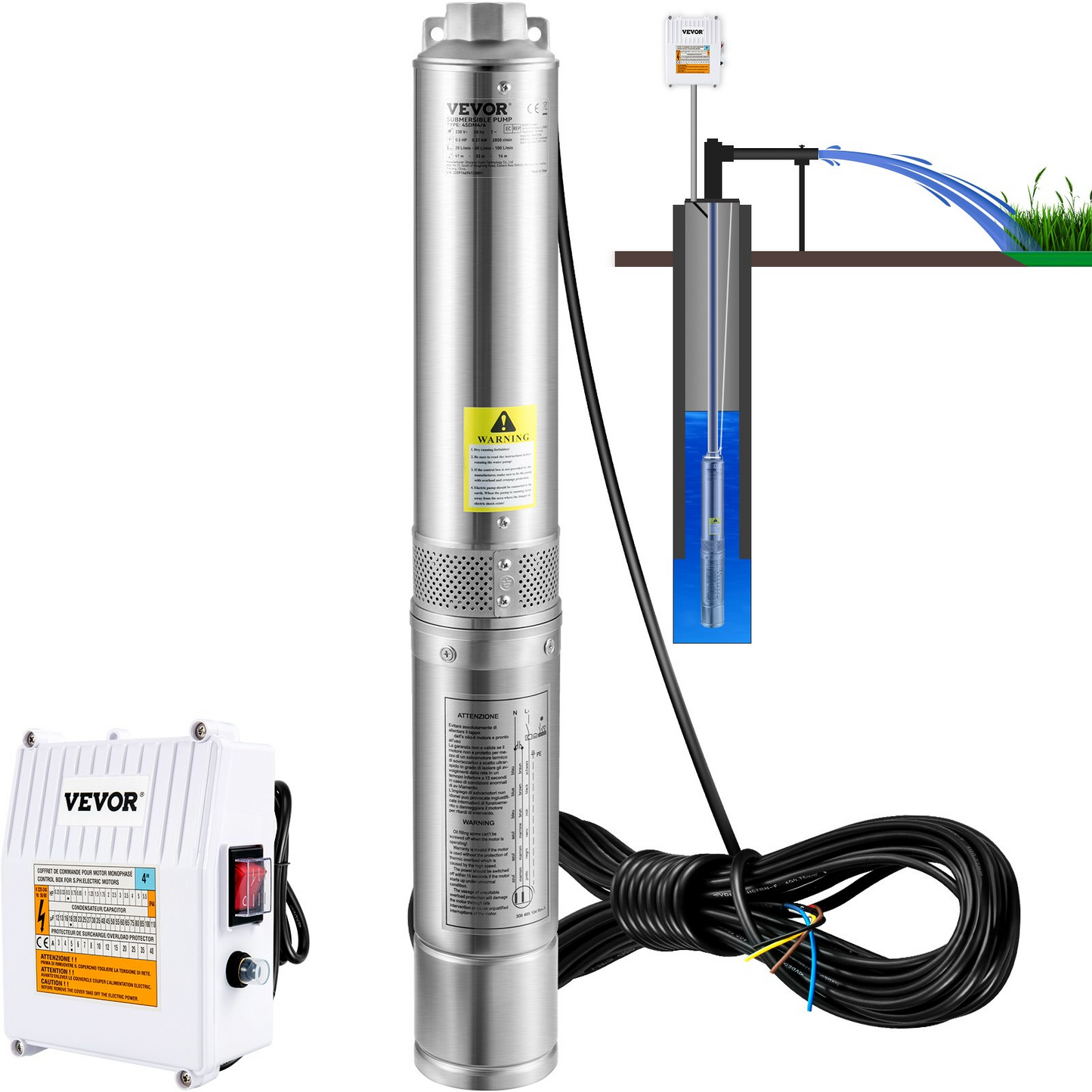 VEVOR Deep Well Submersible Pump, 2HP 230V/60Hz, 37GPM 427 ft Head, with 33 ft Cord & External Control Box, 4 inch Stainless Steel Water Pumps for Industrial, Irrigation and Home Use, IP68 Waterproof