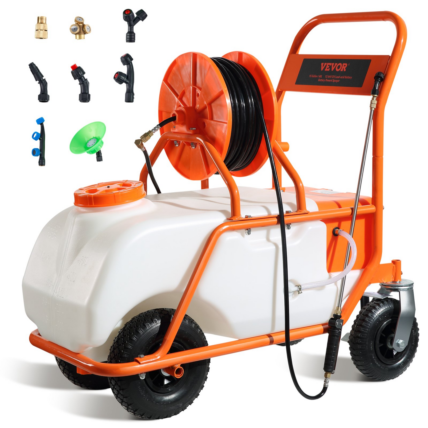 VEVOR Battery Powered Lawn Sprayer on Wheel, 0-90 PSI Adjustable Pressure, 15 Gallon Tank, Cart Sprayer with 8 Nozzles and 2 Wands, 12V 12Ah Battery, Wide Mouth Lid for Weeding, Spraying