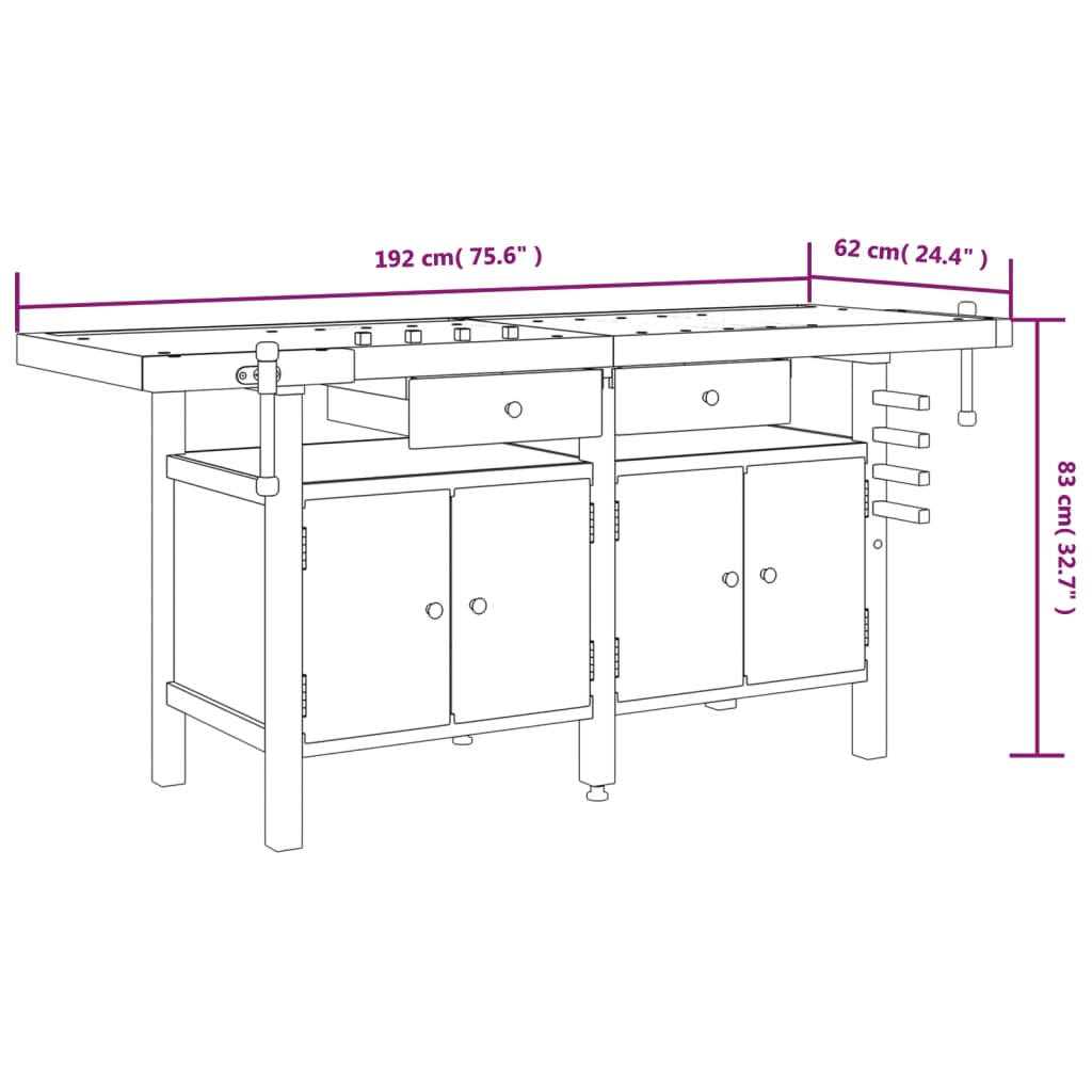 vidaXL Workbench with Drawers and Vices 75.6"x24.4"x32.7" Solid Wood Acacia