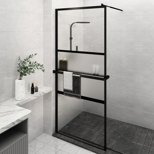 vidaXL Walk-in Shower Wall with Shelf Black 35.4"x76.8" ESG Glass&Aluminum