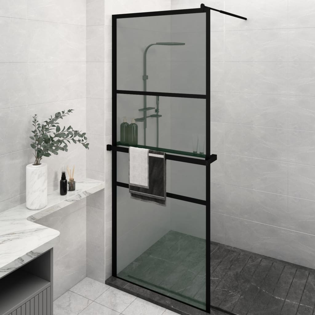 vidaXL Walk-in Shower Wall with Shelf Black 31.5"x76.8" ESG Glass&Aluminum