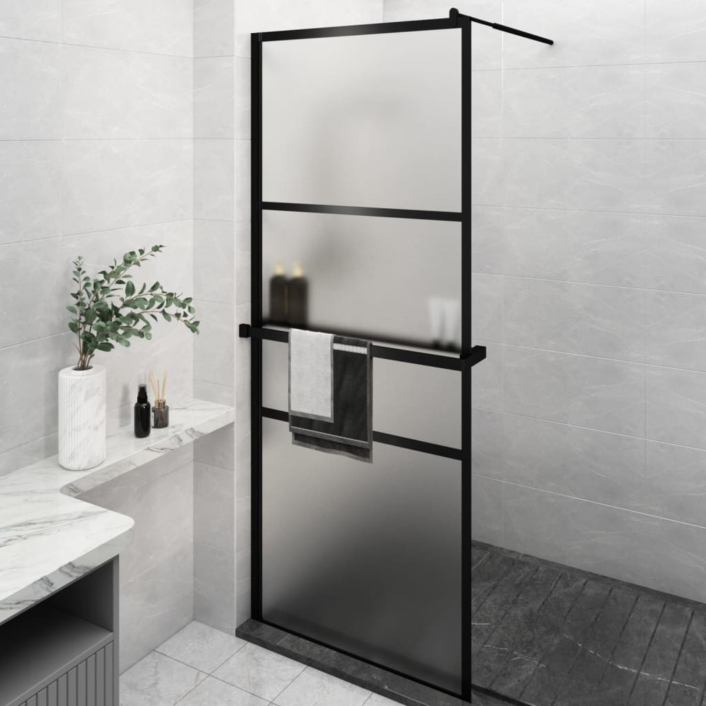 vidaXL Walk-in Shower Wall with Shelf Black 31.5"x76.8" ESG Glass&Aluminum