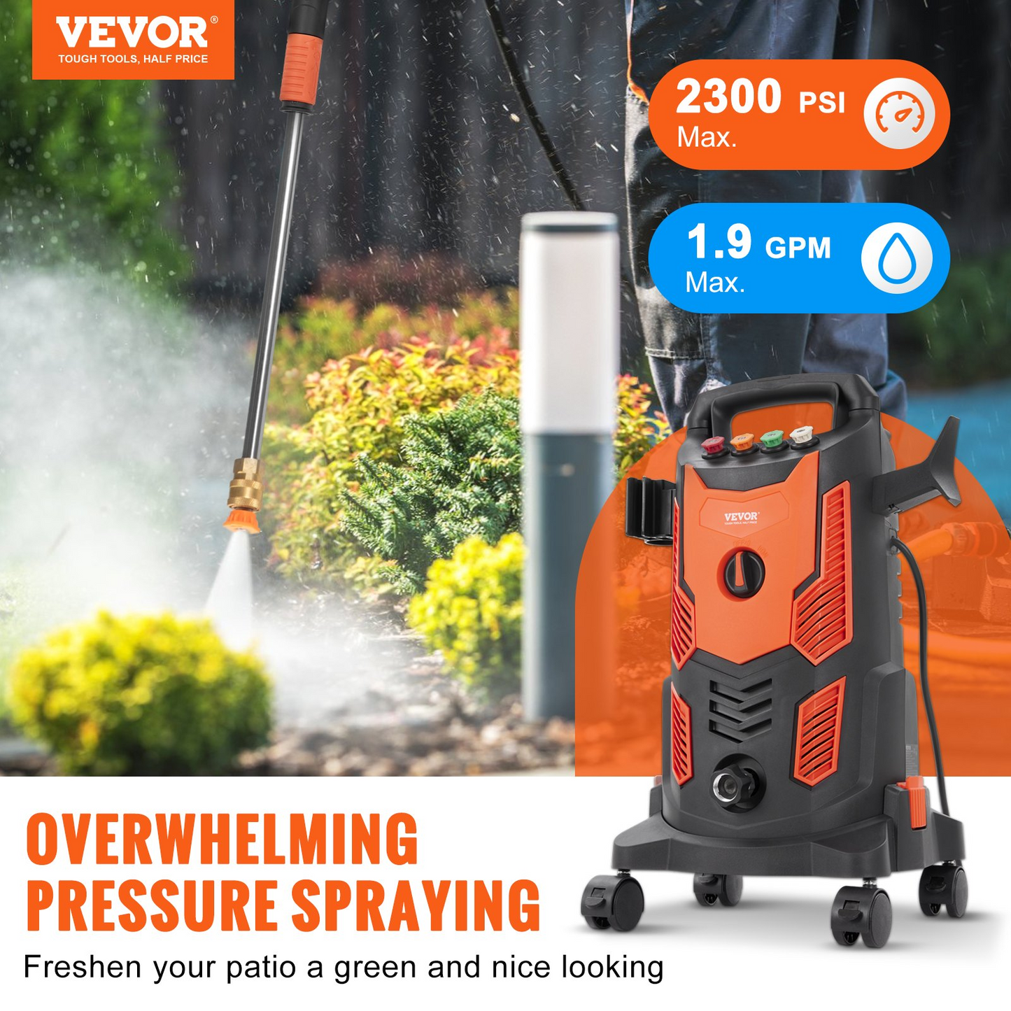 VEVOR Electric Pressure Washer, 2300 PSI, Max. 1.9 GPM, 1900W Power Washer w/ 26 ft Hose, 4 Quick Connect Nozzles, Foam Cannon, Retractable Handle for Portable to Clean Patios, Cars, Fences, Driveways