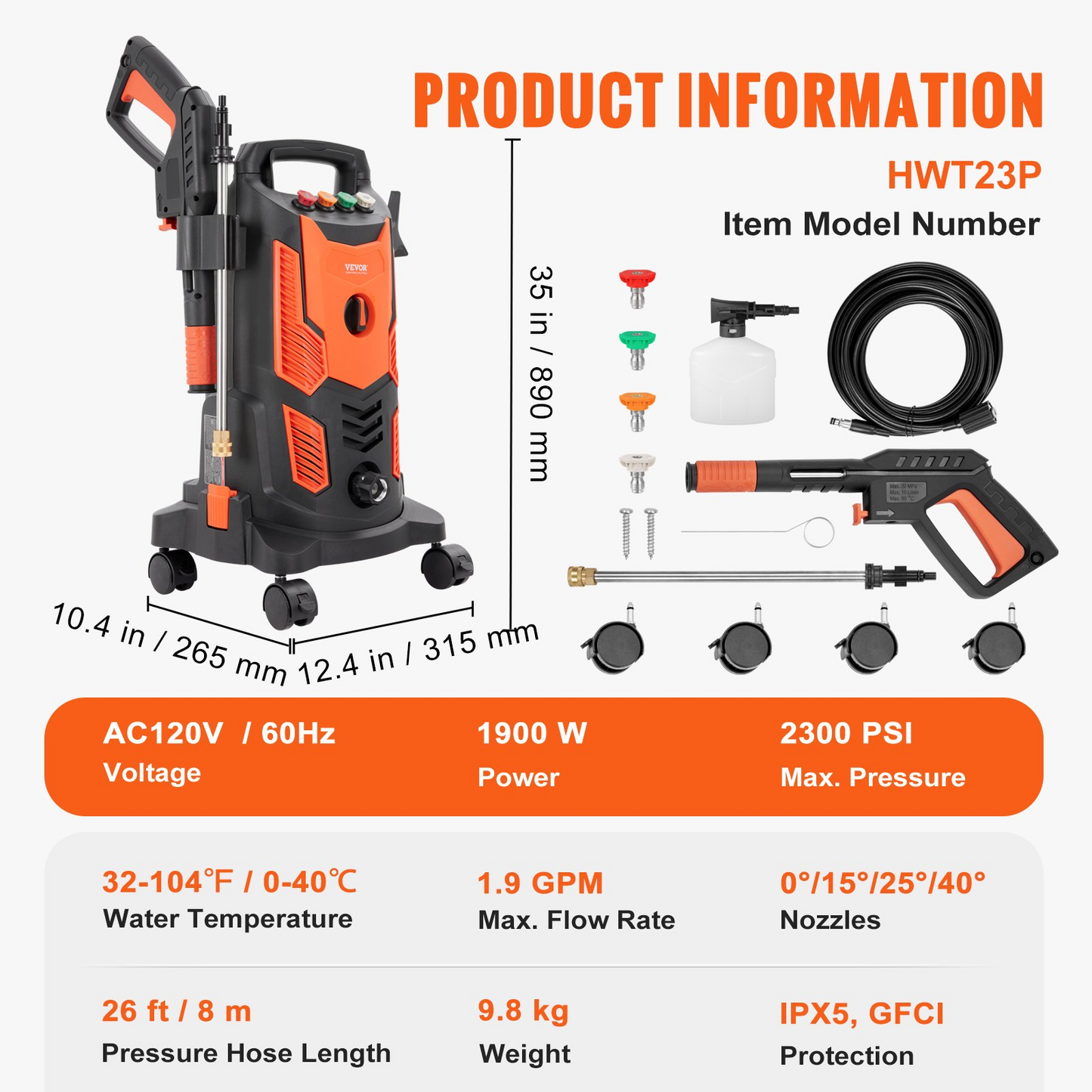 VEVOR Electric Pressure Washer, 2300 PSI, Max. 1.9 GPM, 1900W Power Washer w/ 26 ft Hose, 4 Quick Connect Nozzles, Foam Cannon, Retractable Handle for Portable to Clean Patios, Cars, Fences, Driveways