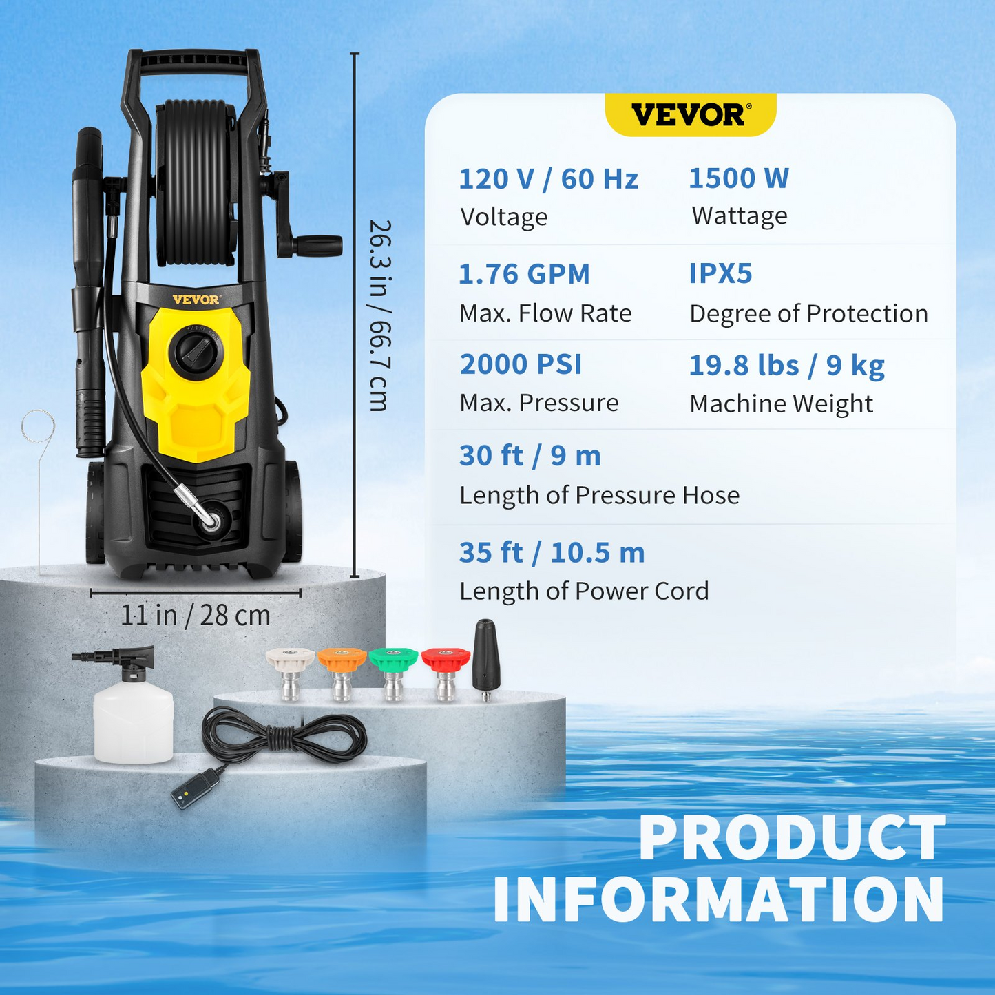 VEVOR Electric Pressure Washer, 2000 PSI, Max. 1.76 GPM Power Washer w/ 30 ft Hose, 5 Quick Connect Nozzles, Foam Cannon, Portable to Clean Patios, Cars, Fences, Driveways, ETL Listed