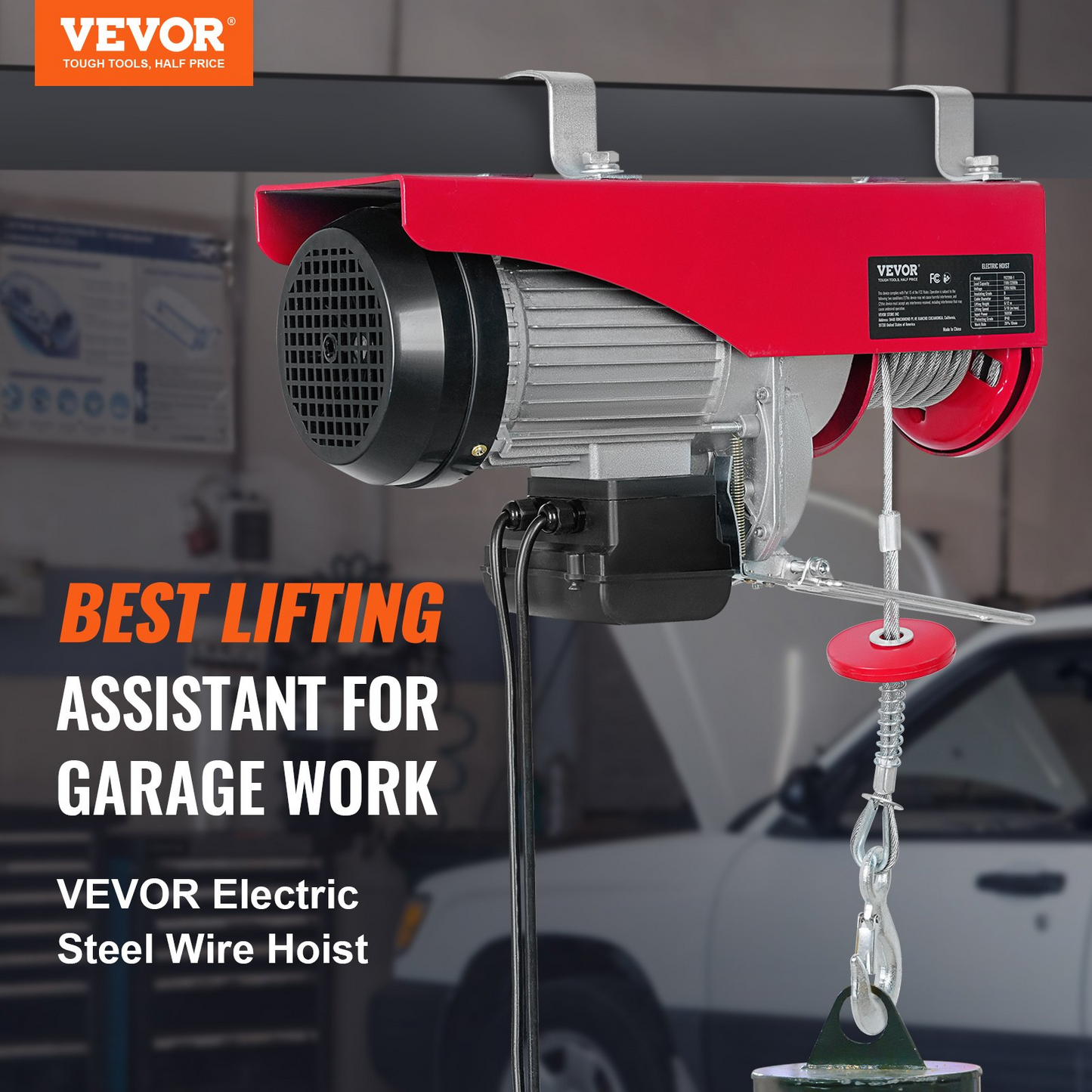 VEVOR Electric Hoist, 440lbs Garage Hoist with 14ft Wired Control, 110 volt Electric Hoist Winch 40ft Single Cable Lifting Height, Pure Copper Motor and Emergency Stop Switch