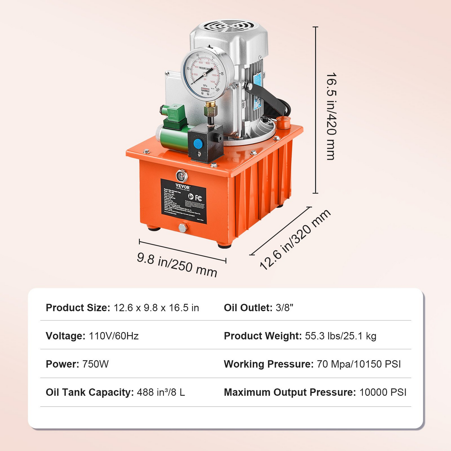 VEVOR Electric Hydraulic Pump, 10000 PSI 750W 110V 488 in³/8L Capacity, Single Acting Solenoid Valve, Electric Driven Hydraulic Pump Power Pack Unit with Pedal Switch for Punching/Bending/Jack Machine