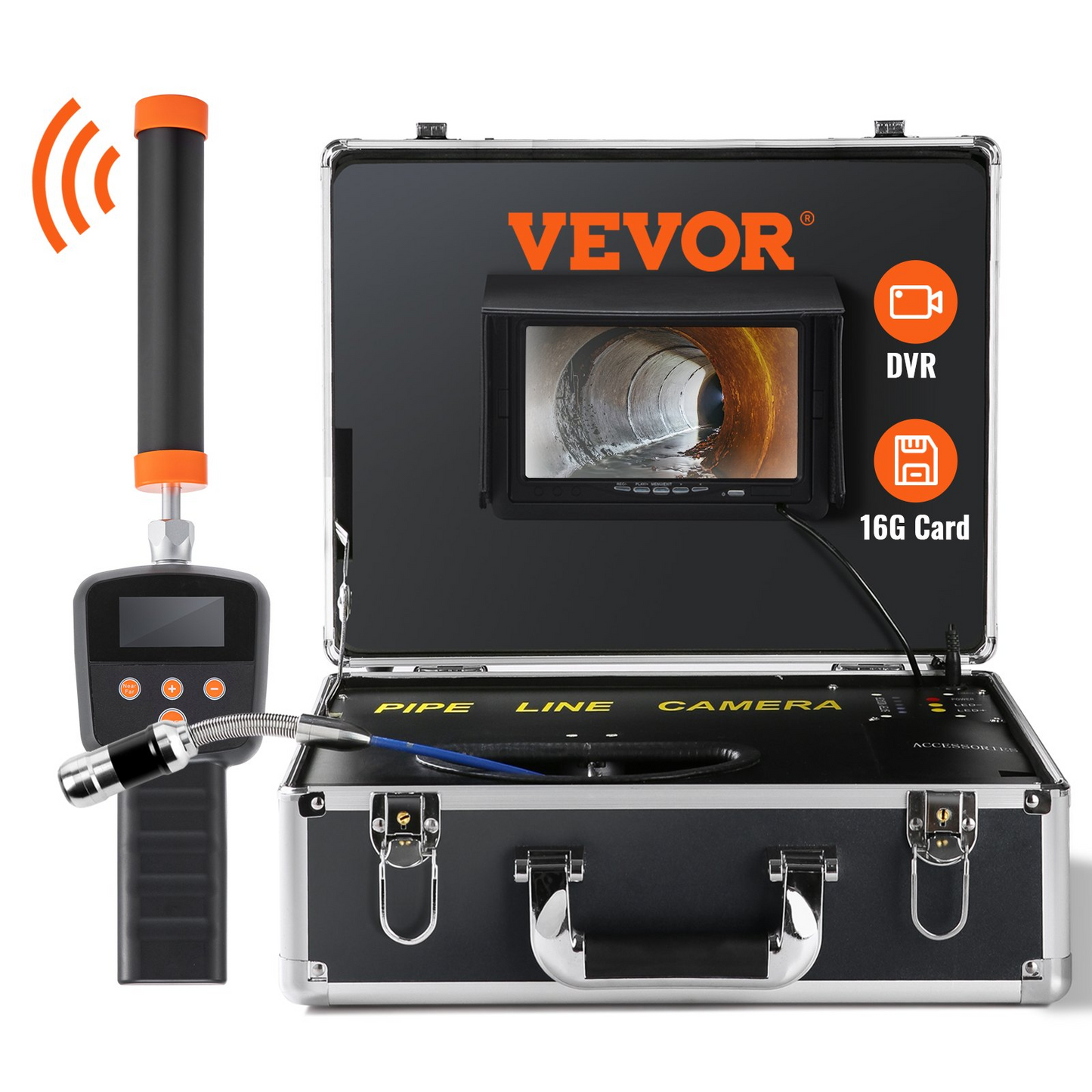 VEVOR Sewer Camera with 512Hz Locator,100 ft/30 m, 7" Pipeline Inspection Camera with DVR Function, IP68 Camera with 12 Adjustable LEDs, A 16 GB SD Card for Sewer Line, Home, Duct Drain Pipe Plumbing