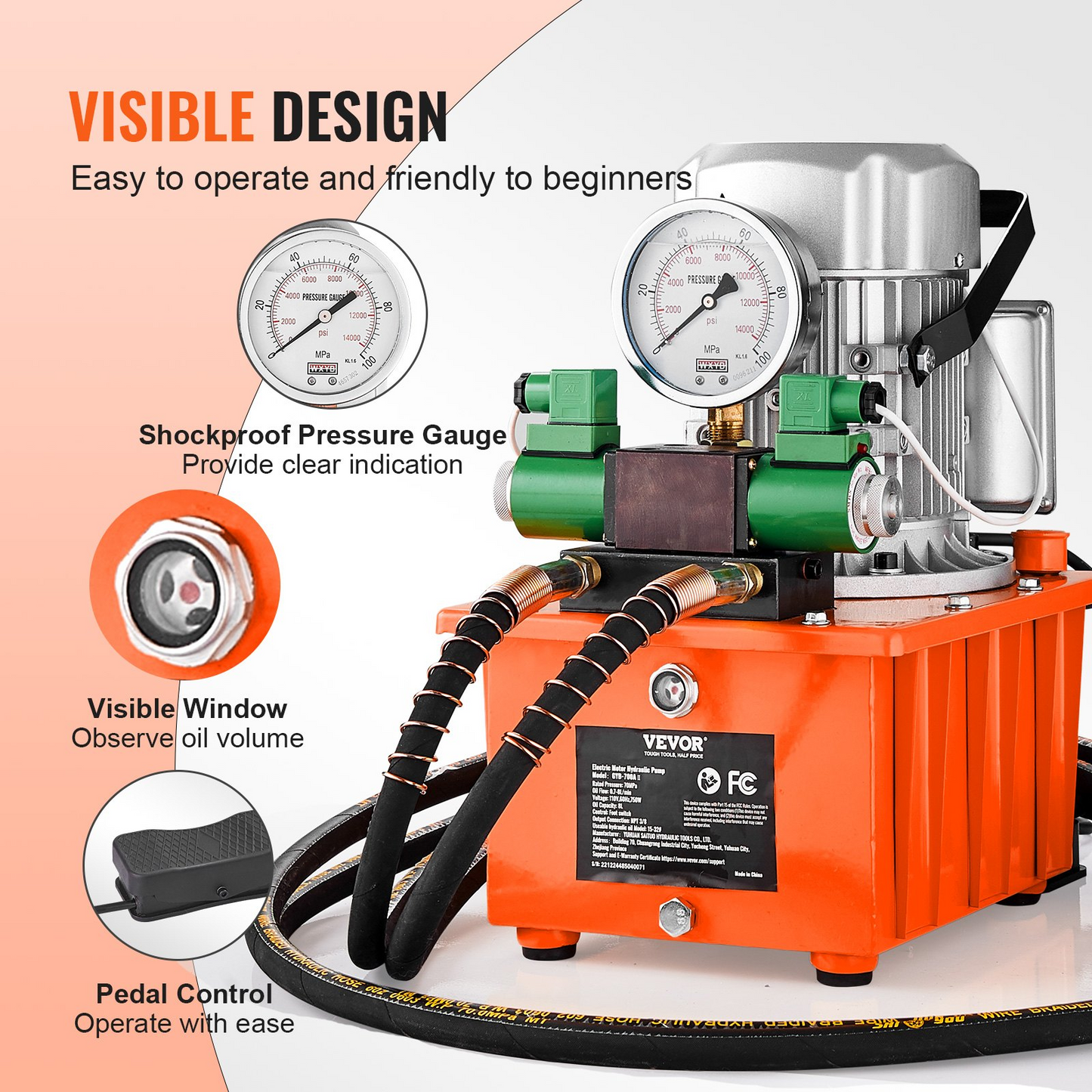 VEVOR Electric Hydraulic Pump, 10000 PSI 750W 110V 488 in³/8L Capacity, Double Acting Solenoid Valve, Electric Driven Hydraulic Pump Power Pack Unit with Pedal Switch for Punching/Bending/Jack Machine