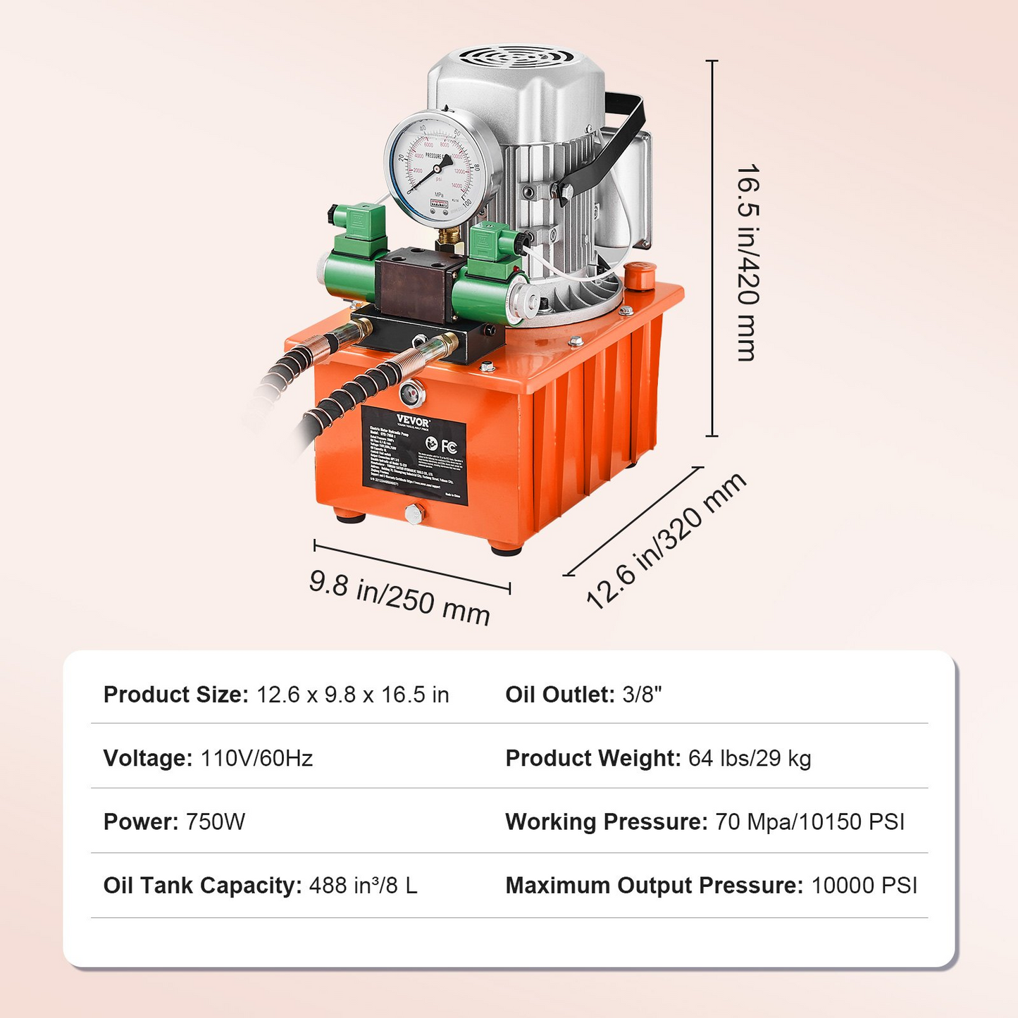 VEVOR Electric Hydraulic Pump, 10000 PSI 750W 110V 488 in³/8L Capacity, Double Acting Solenoid Valve, Electric Driven Hydraulic Pump Power Pack Unit with Pedal Switch for Punching/Bending/Jack Machine