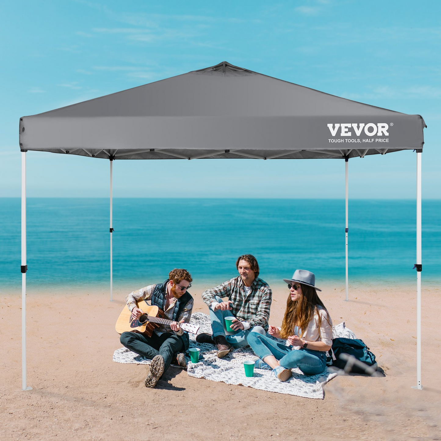 VEVOR Pop Up Canopy Tent, 10 x 10 ft, 250 D PU Silver Coated Tarp, with Portable Roller Bag and 4 Sandbags, Waterproof and Sun Shelter Gazebo for Outdoor Party, Camping, Commercial Events, Dark Gray