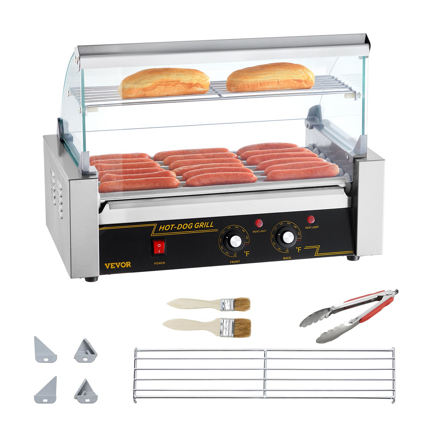 VEVOR Hot Dog Roller 7 Rollers 18 Hot Dogs Capacity 1050W Stainless Sausage Grill Cooker Machine with Dual Temp Control Glass Hood Acrylic Cover Bun Warmer Shelf Removable Oil Drip Tray, ETL Certified