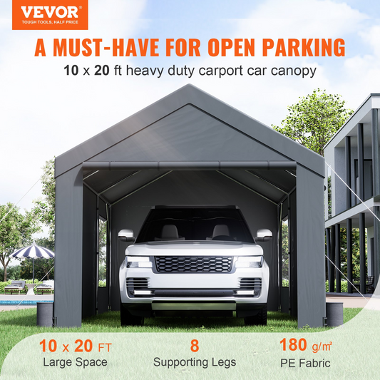 VEVOR Carport, Heavy Duty 10x20ft Car Canopy, Outdoor Garage Shelter with Removable Sidewalls, Roll-up Ventilated Windows & Door, UV Resistant Waterproof All-Season Tarp for Car, Truck, Boat, Darkgray