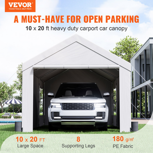 VEVOR Carport, Heavy Duty 10x20ft Car Canopy, Outdoor Garage Shelter with Removable Sidewalls, Roll-up Ventilated Windows & Doors, UV Resistant Waterproof All-Season Tarp for Car, Truck, Boat, White