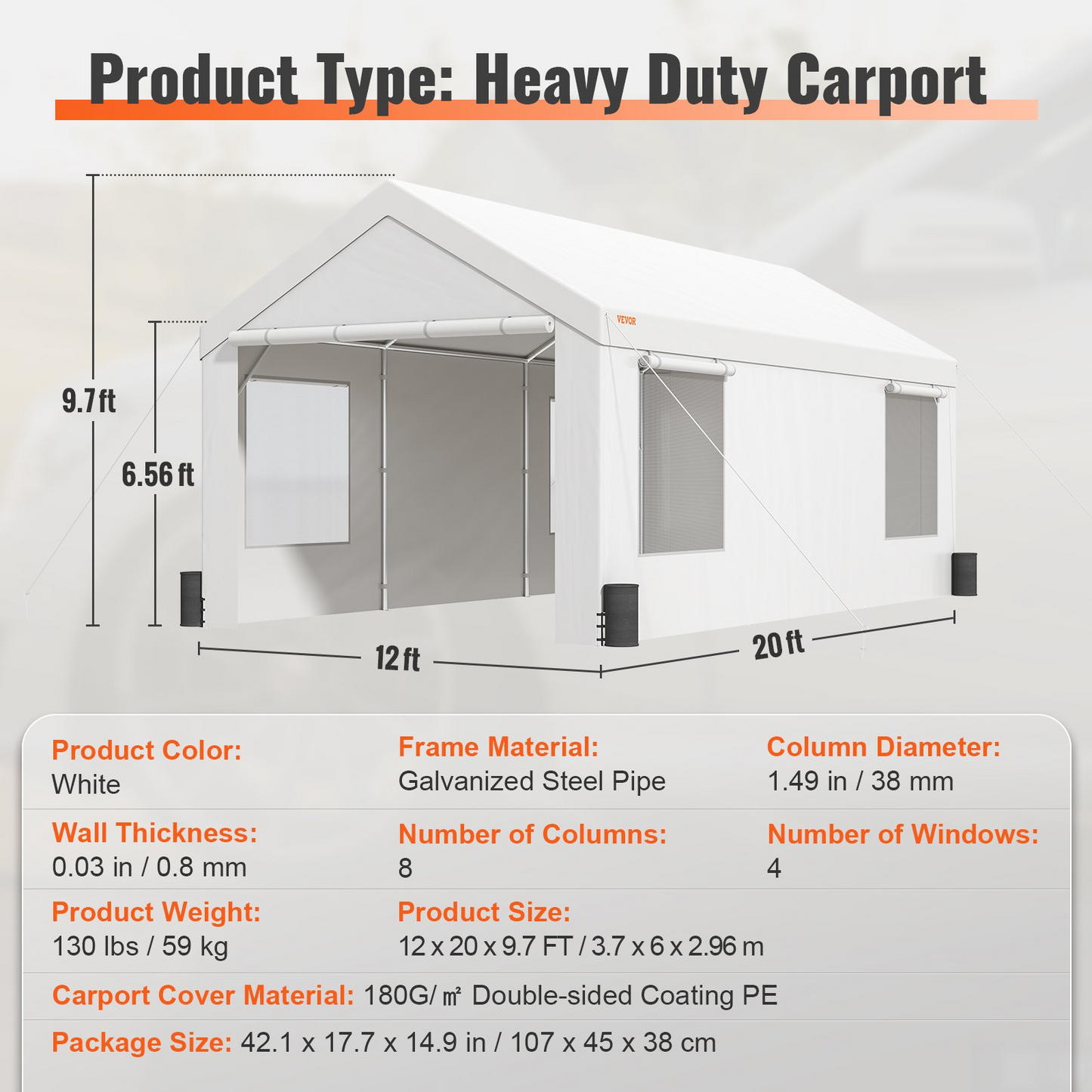 VEVOR Carport, Heavy Duty 10x20ft Car Canopy, Outdoor Garage Shelter with Removable Sidewalls, Roll-up Ventilated Windows & Doors, UV Resistant Waterproof All-Season Tarp for Car, Truck, Boat, White